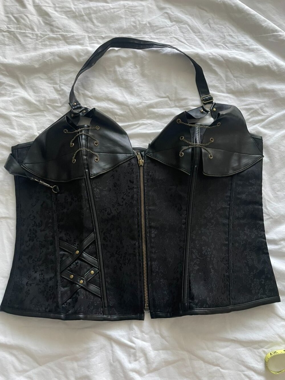 Black Faux Leather & Brocade Corset – Steampunk Chains & Zip Front